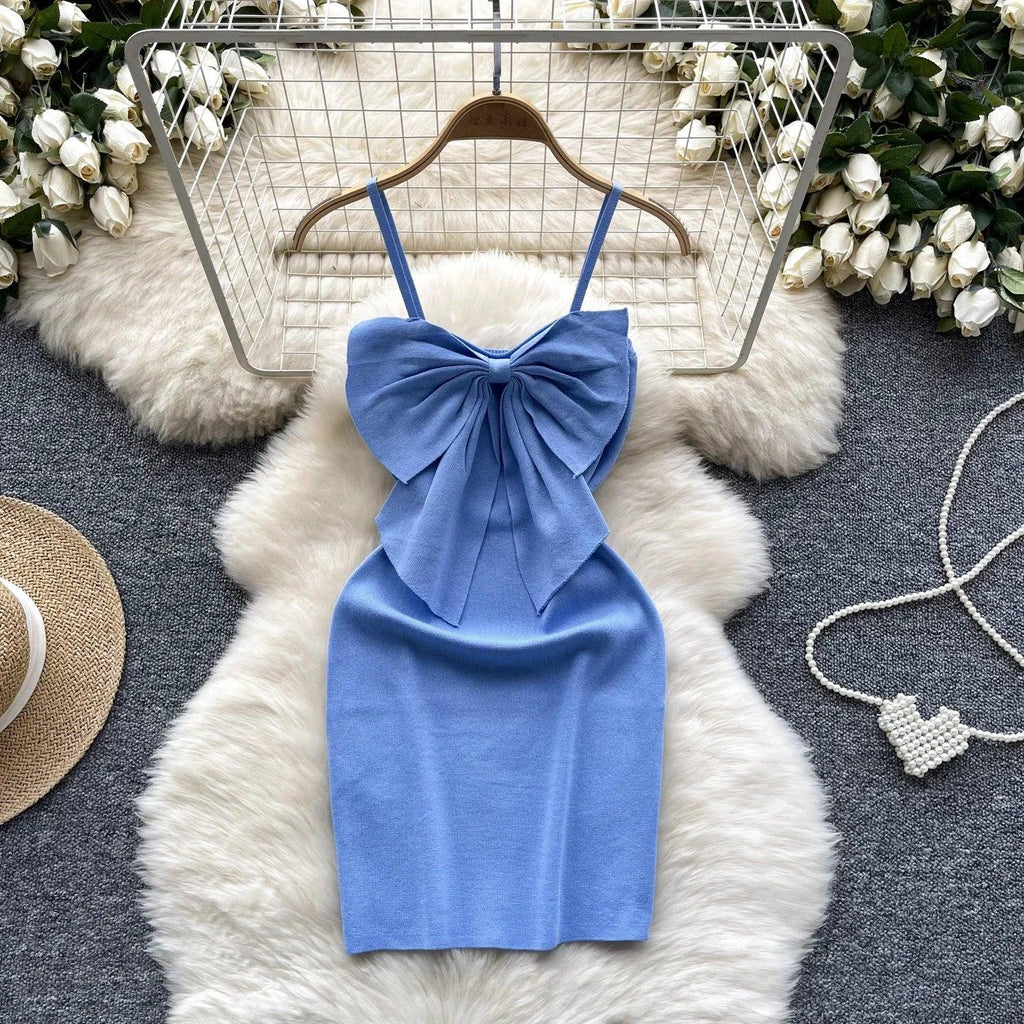 2024 Sexy Backless Lace Solid Knitted Bow Summer Dress Women Black Mini Party Dress Bodycon Sheath night Club Outfits