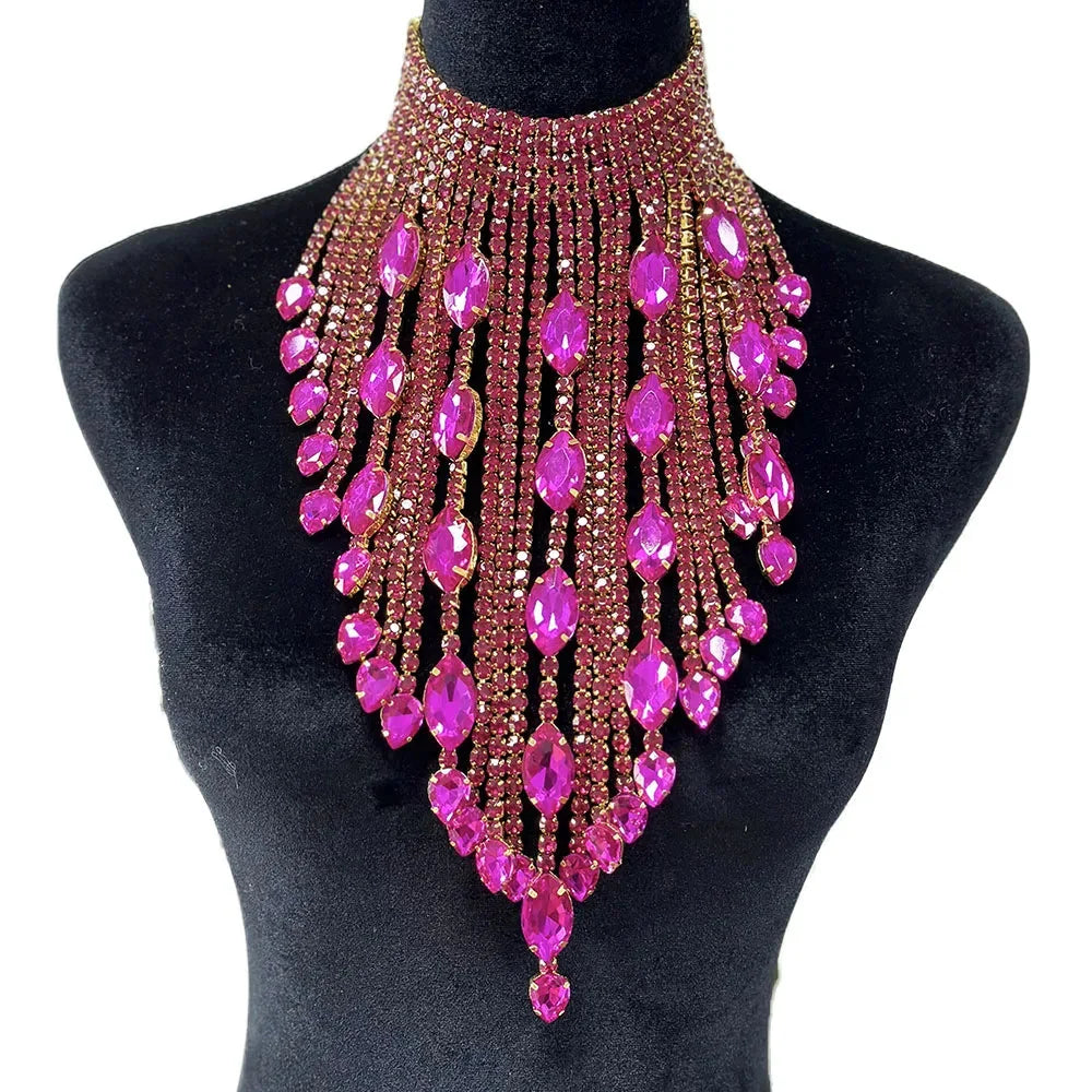 Rhinestone Crystal Long Fringe Tassel Necklace