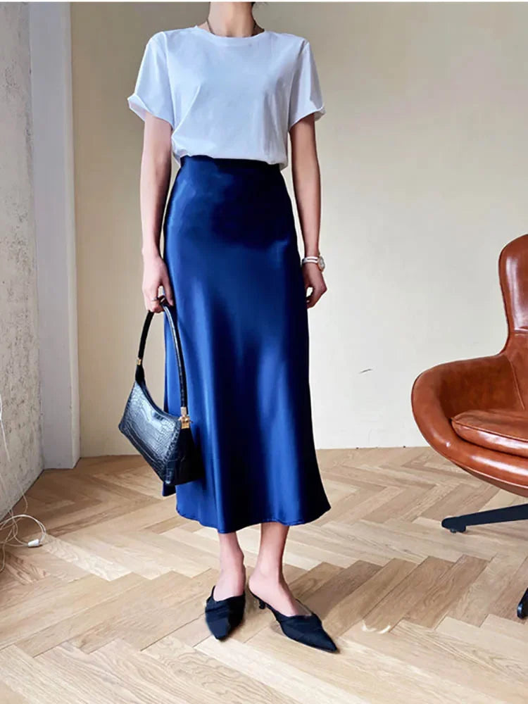 Silk Satin Skirts for Women Korean Style Champagne Office High Waist A-line Skirt Fashion Elegant Solid Long Pencil Skirt 2024 LUXLIFE BRANDS