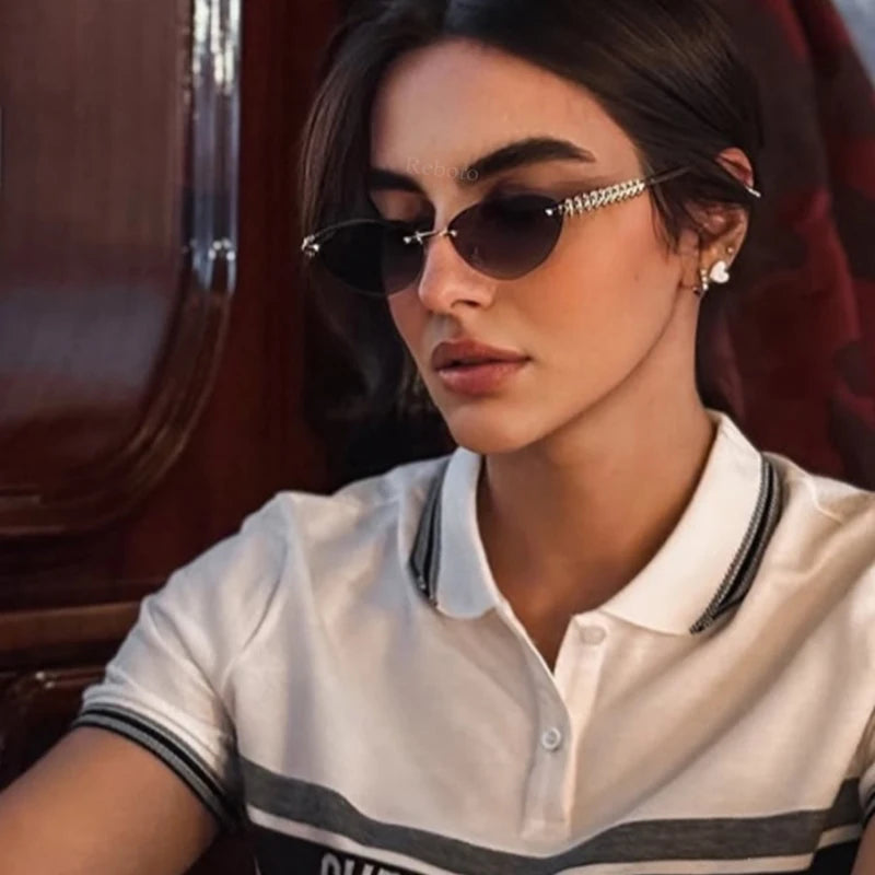 New Cat Eye Rivet Rimless Sunglasses Women Luxury Fashion Brand Oval Narrow Sun Glasses Shades Trendy Elegant Unique Eyewear