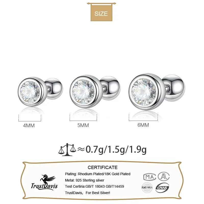 Trustdavis Real 925 Sterling Silver Fashion Round 4/5/6mm CZ Beads Screw Stud Earrings For Women Wedding Fine Jewelry DA2269 LUXLIFE BRANDS