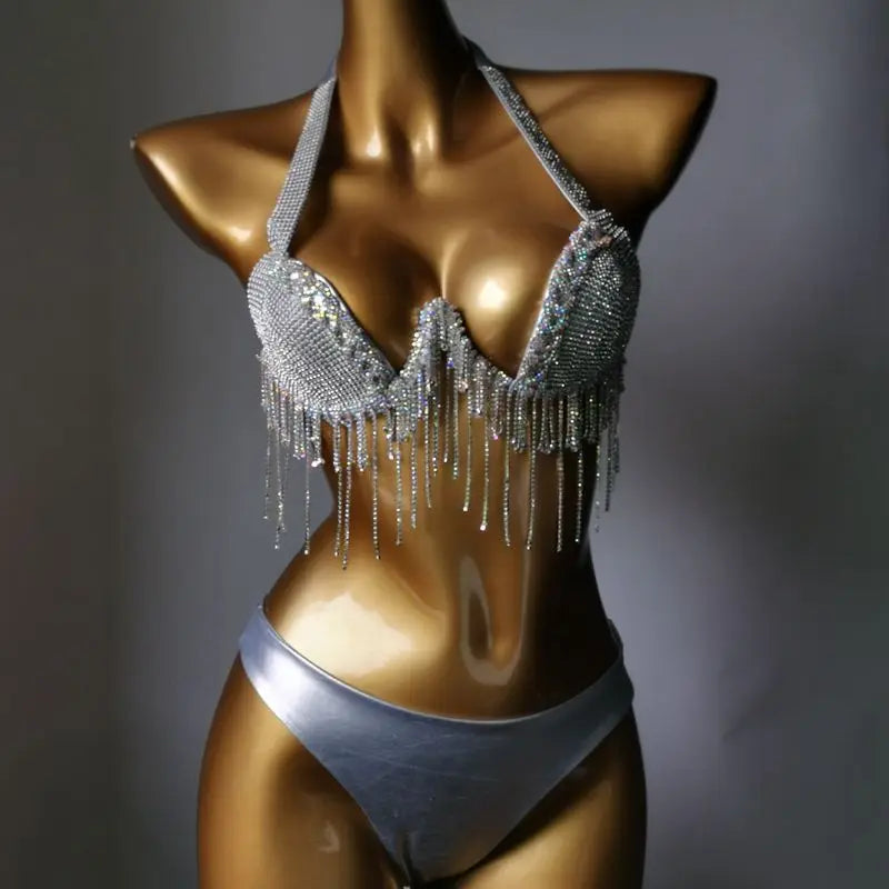 High-Fashion Crystal Mesh Bikini Set – Dazzling Rhinestone Bling Swimsuit & Showgirl Swimwear for Stage Performances & Raves