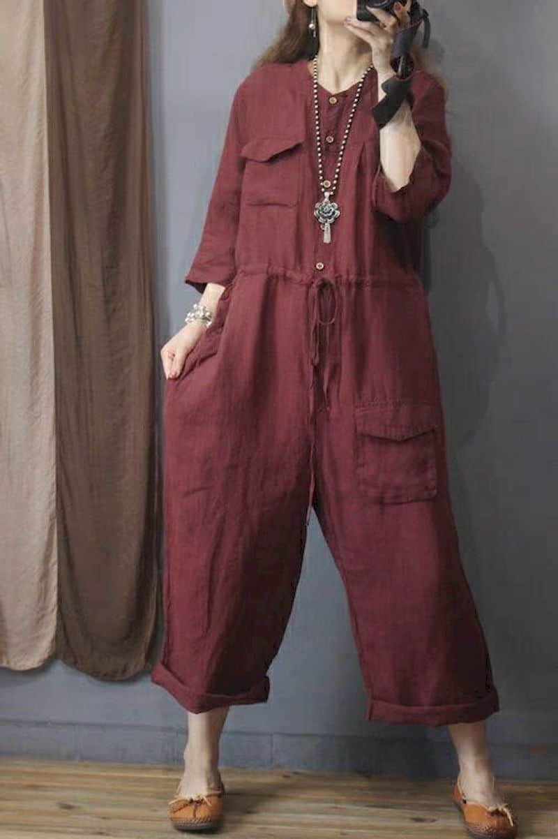 Cotton Linen Playsuit Oversize Jumpsuits Women Long Sleeve One Piece Outfit Women High Waist Pants Overalls for Women Clothes