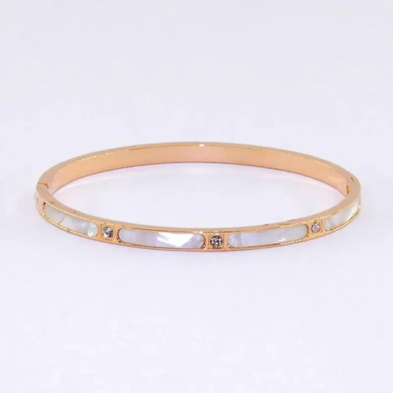 Luxury Natural Shell With Zircon Bangle Bracelets Stainless Steel for Woman's Jewelry Rose Gold Color Wristband Bangles Gift