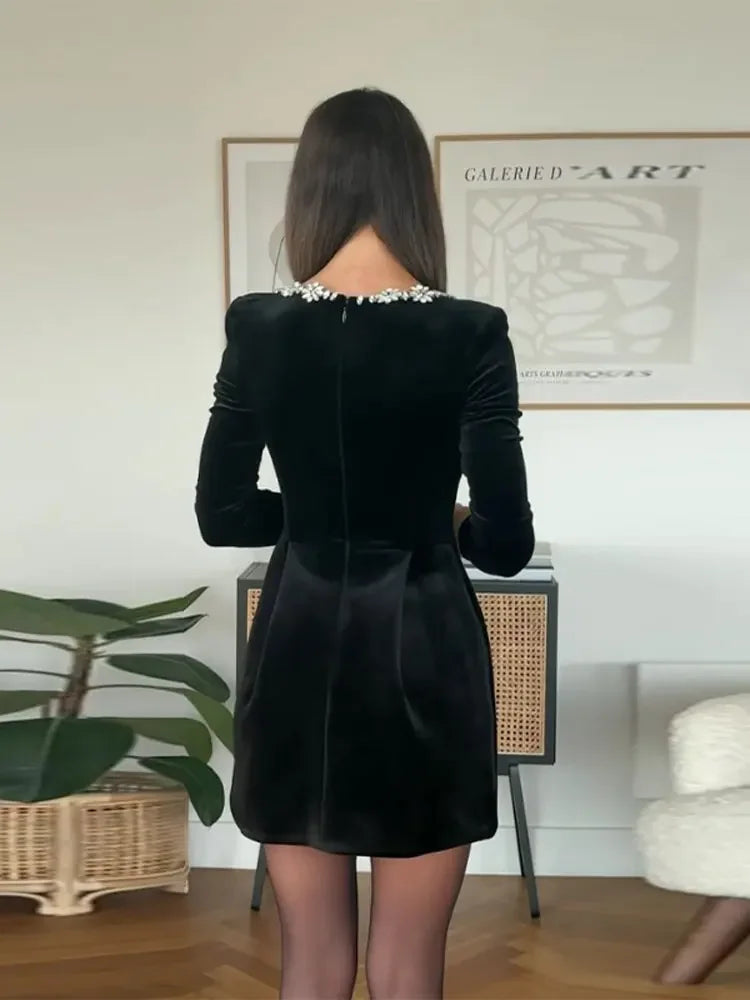 Square Collar Beaded Velvet Mini Dress For Women Flower Decor Long Sleeve A-line Dresses 2024 Lady Chic Casual Party Vestidos LUXLIFE BRANDS