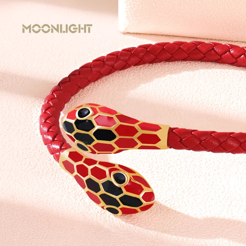 Double Snake Head Cuff Bangles Braided Leather