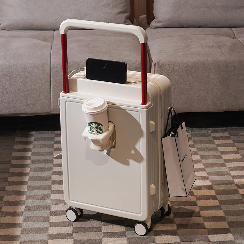 Wide Handle Travel Suitcase Carry-On With Cup Holder, USB Charging