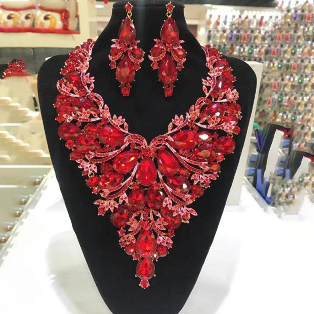Multicolored Rhinestone Drop Necklace & Earring Set