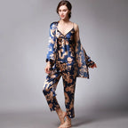 Women's Silk Satin Pajamas Set 3 Pcs Floral Silky Pj Sets Sleepwear Cami Nightwear with Robe and Pant Luxlife Brands