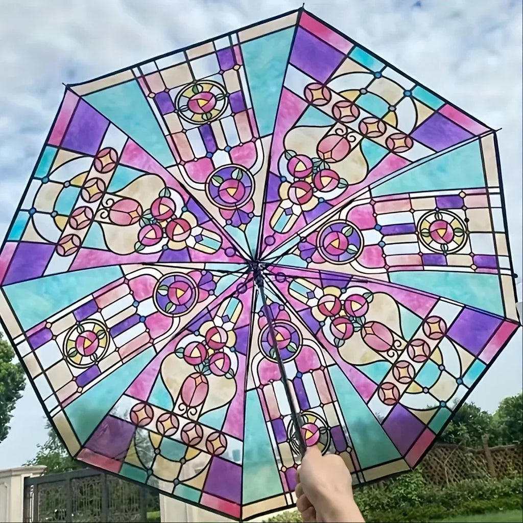 1PC Retro Window Flower Pattern Transparent Umbrella Fully Automatic Opening and Closing Portable Travel Umbrella