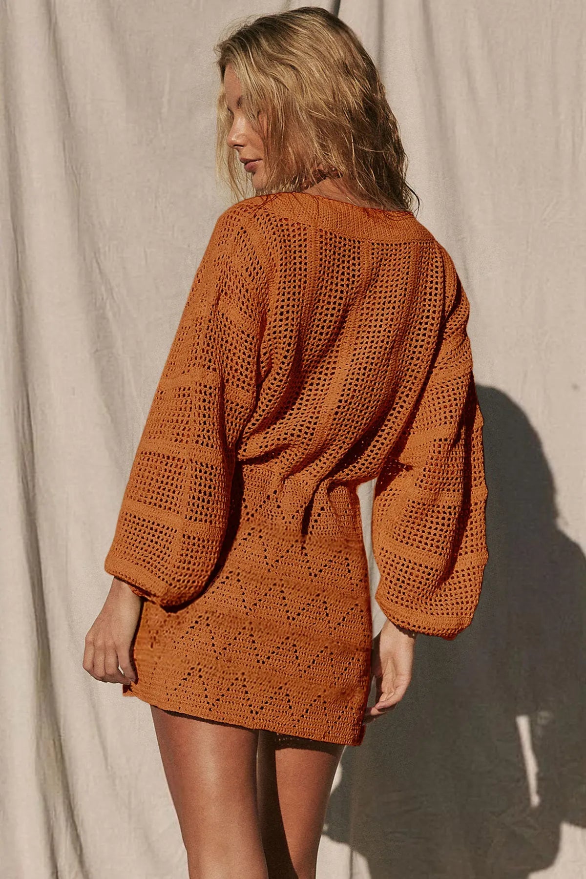 Sexy Deep V-neck Lace-up Bell Sleeve Knit Mesh Hollow Out Beach Mini Dress 2025 Summer Swimsuit Cover Up Women Casual Tunic K14 Luxlife Brands