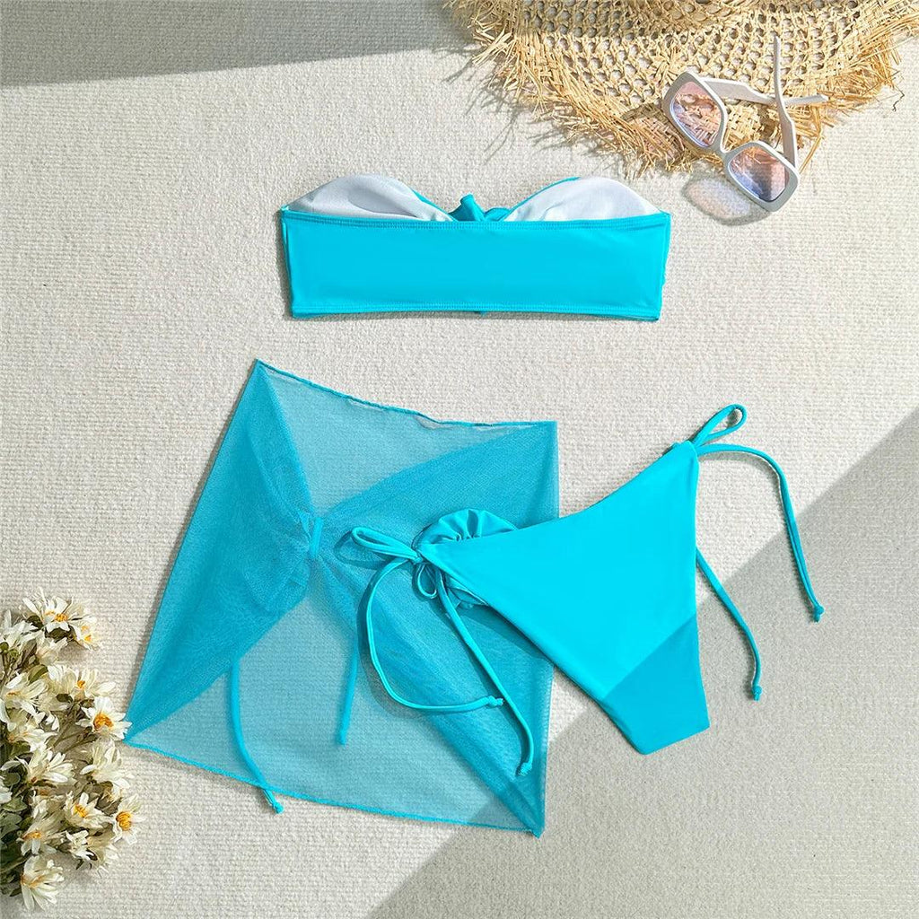 New 3D Flowers With Sarong Bandeau Bikini Female Swimsuit Women Swimwear Three-pieces Bikini set Bather Bathing Suit Swim V5526