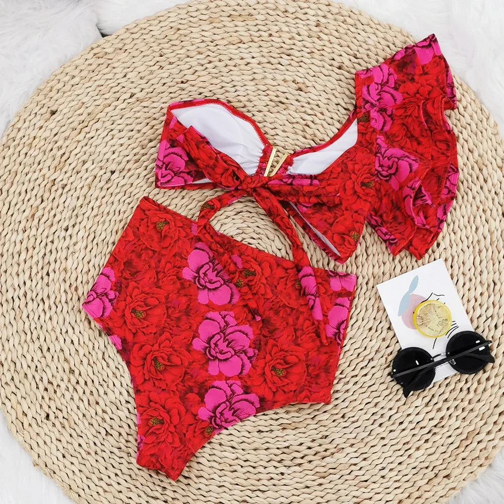 2024 Sexy Bikini Set Women High Waist Classic Off Solid Ruffle Sleeves Swimwear Red Separate Deep V Swimsuit Vintage Beach Set