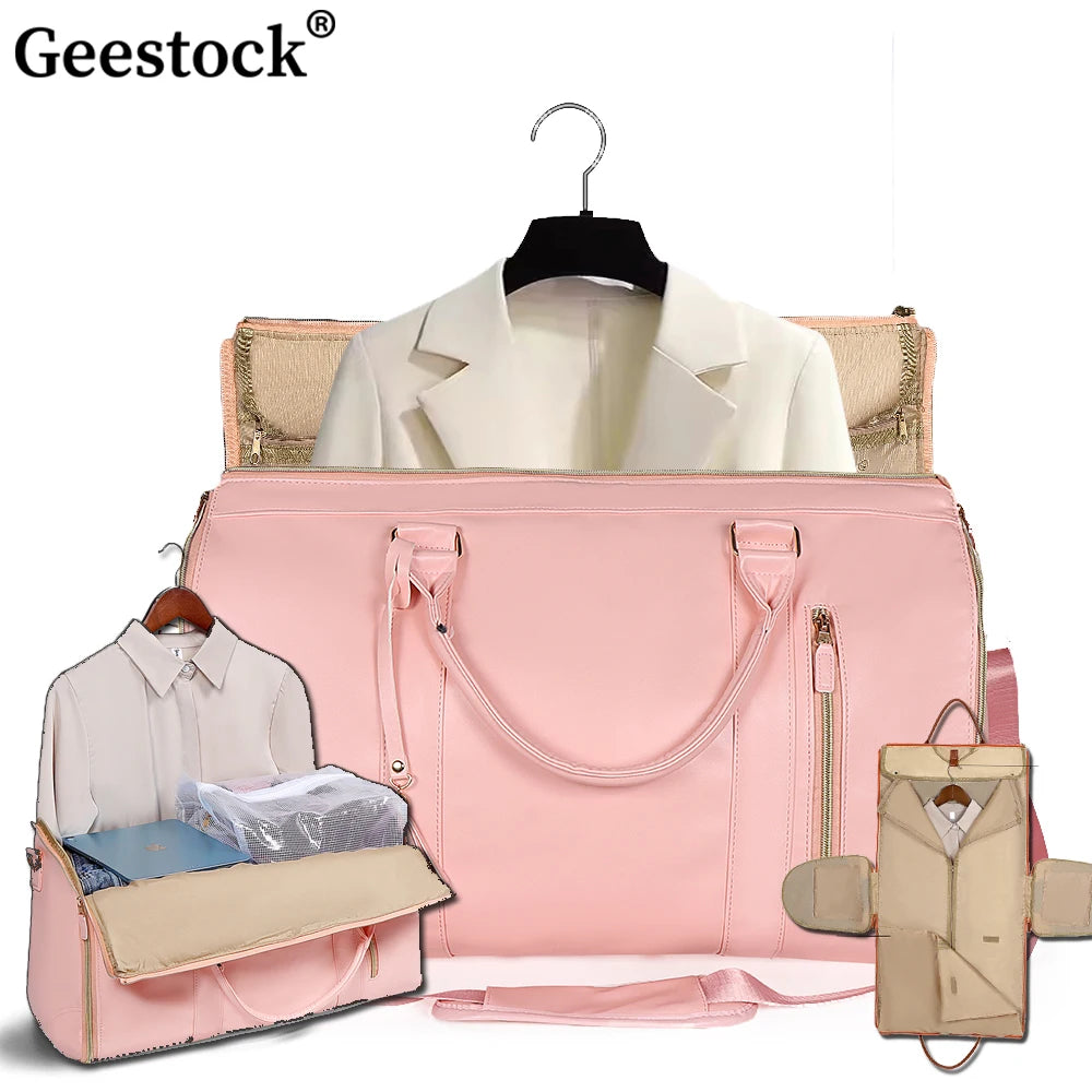 Geestock Folding Suit Storage Bag Large PU Travel Bag Weekender Duffle Bags Waterproof Carry On Business Clothing Women's Bag