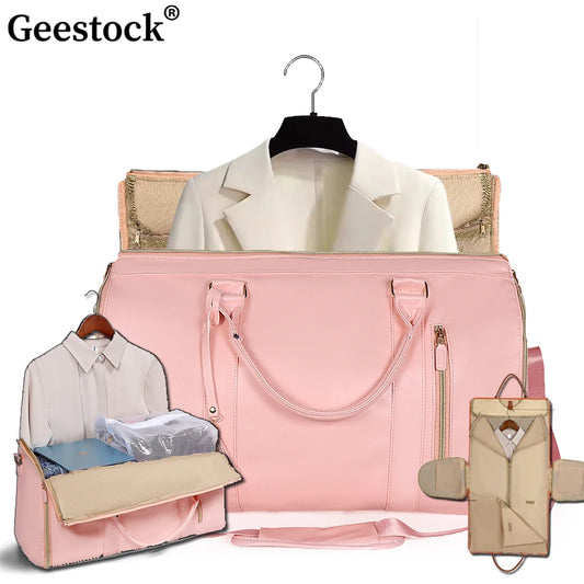 Geestock Folding Suit Storage Bag Large PU Travel Bag Weekender Duffle Bags Waterproof Carry On Business Clothing Women's Bag