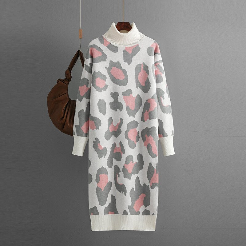 Designer Casual Sweater Warm Dress Autumn New Turtleneck Bottom Knitted Dress Fashion Leopard Pattern Long Sweater Dress Winter LUXLIFE BRANDS
