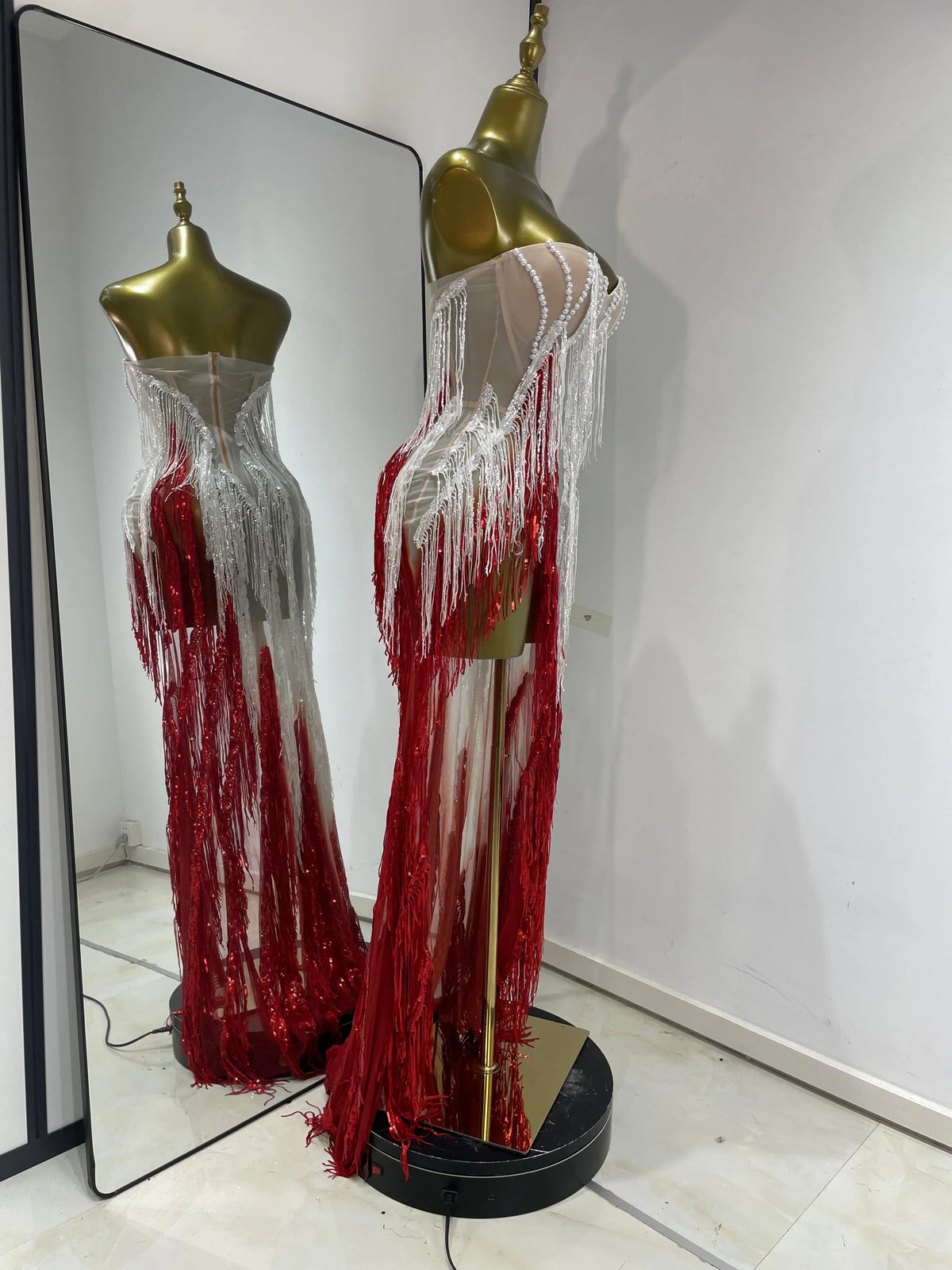 Pearl & Crystal Bustier High-Slit Maxi Gown Cascading Ombré Fringe Evening Dress