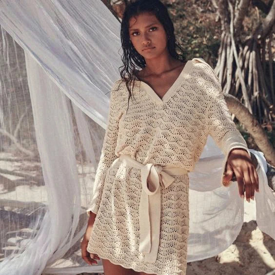 Sexy Shirt V-neck Bell Sleeve Hollow Out Knitted Belted Beach Mini Dress 2025 Summer Swimsuit Cover Up Women's Casual Outfit K16 Luxlife Brands