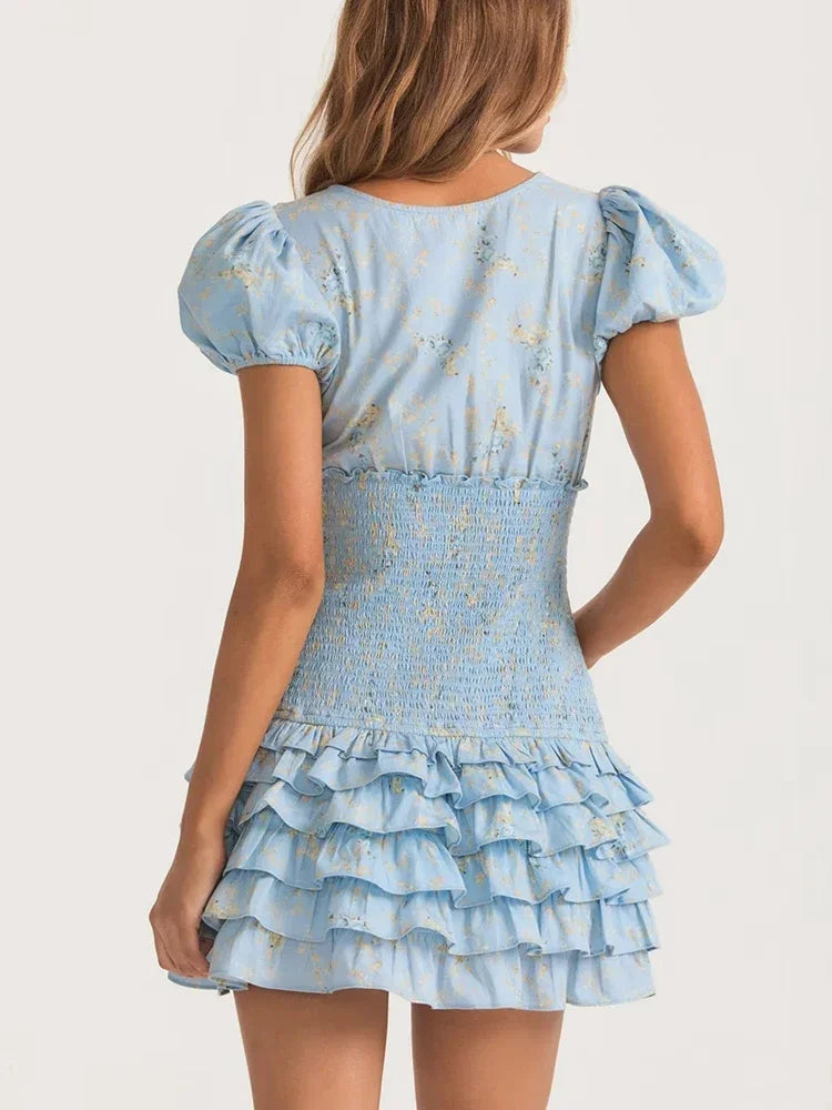GypsyLady Floral Printed Chic Boho Mini Dresss Cotton V-neck Ruffles Blue Holiday Women Tiered Ladies Party Dresses Vestidos New Luxlife Brands