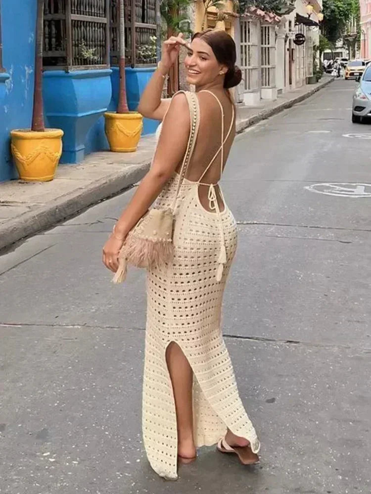 Sexy Knit Cut Out Tassel Spaghetti Strap Bodycon Beach Maxi Dress Summer Women's Holiday Club Party Outfit Swimsuit Cover Up K10 Luxlife Brands