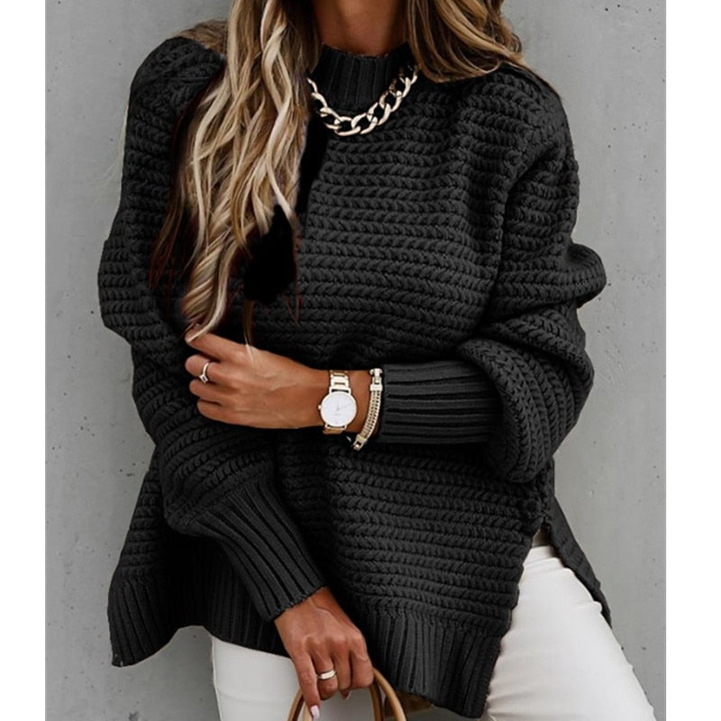 2023 Winter New Women's Knitted Sweaters Half High Neck Solid Color Strap Side Split Knitted Sweater Pullovers
