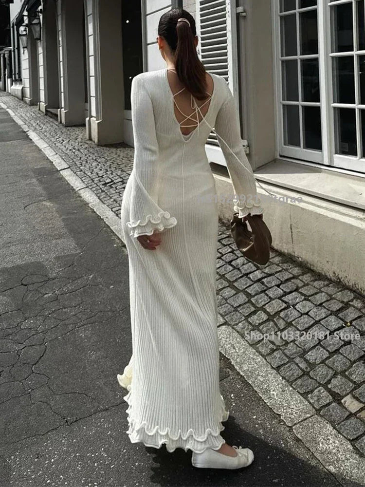 Fashion Loose Ruffles Knitted Dress Women Elegant O Neck Long Trumpet Sleeve Maxi Dresses Spring Summer Female High Streetwear