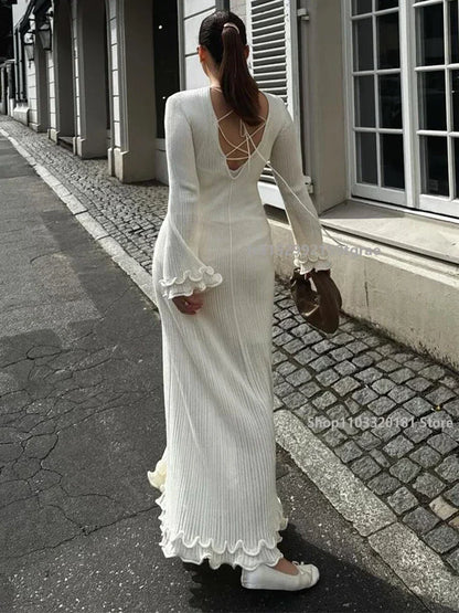 Fashion Loose Ruffles Knitted Dress Women Elegant O Neck Long Trumpet Sleeve Maxi Dresses Spring Summer Female High Streetwear