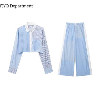 Women's Sets Fashion Patchwork Stripe Short Shirts + Shorts Suit Female Elastic Waist Trousers Woman 2 Piece Set Womens Outifits