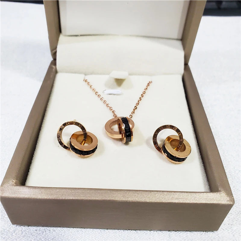 316L Stainless Steel Micro Red White Inlaid Zircon  Roman Digital Lifting Earrings Necklace Wedding Bridal Jewelry Set Luxlife Brands