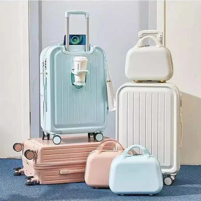 Large Pastel Suitcase With USB Charging Port & Cup Holder