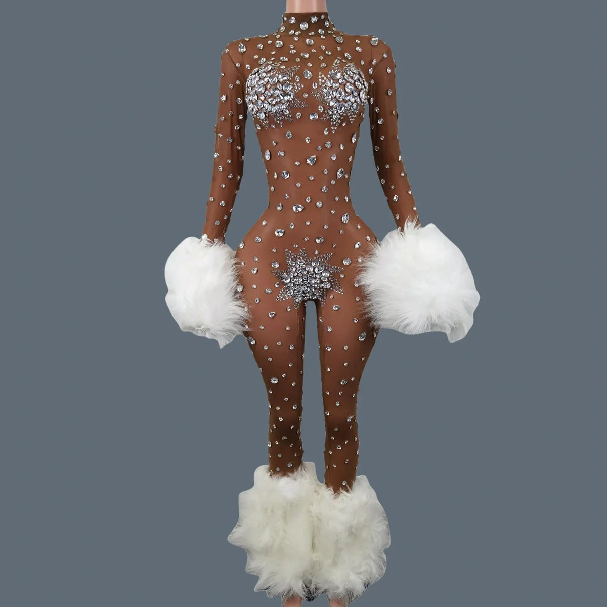 Sparkly Rhinestone & Feather Cuffed Jumpsuit Stage Performance Catsuit Costume