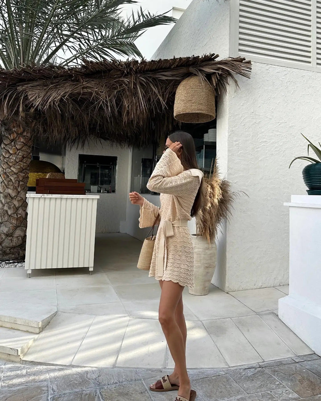 Sexy Shirt V-neck Bell Sleeve Hollow Out Knitted Belted Beach Mini Dress 2025 Summer Swimsuit Cover Up Women's Casual Outfit K16 Luxlife Brands