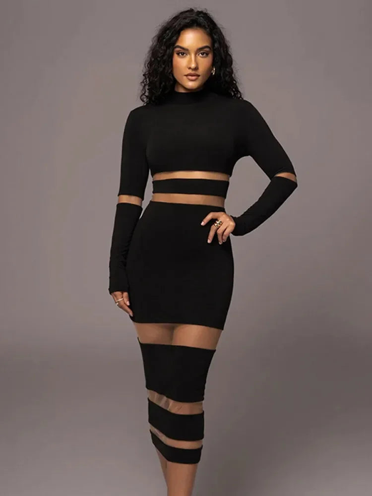 Sexy Lace Hollow Out Dress Women  Elegant Turtleneck Knitting Patchwork Dresses 2023 Autumn Evening Party Long Sleeve Vestido LUXLIFE BRANDS