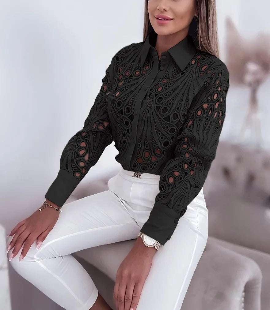 New Fashion Lace Hollow Long Sleeve Shirt For Women 2025 Spring Autumn Elegant Office Lady Blouse And Tops Casual Button Shirts