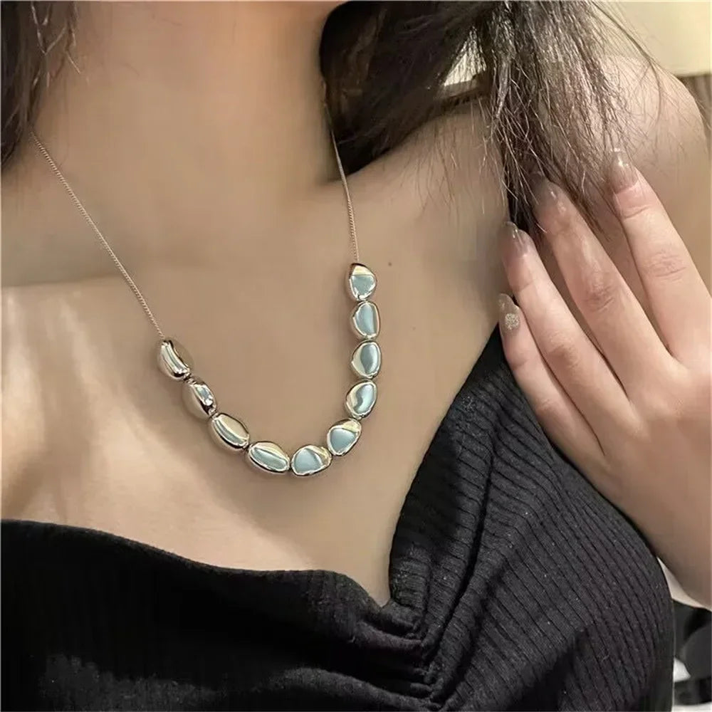 Vintage Silver-plate Geometric Exaggerated Artificial Pearl Chain Necklace For Women Female Fashion Boho Y2K Girl Jewelry Gift