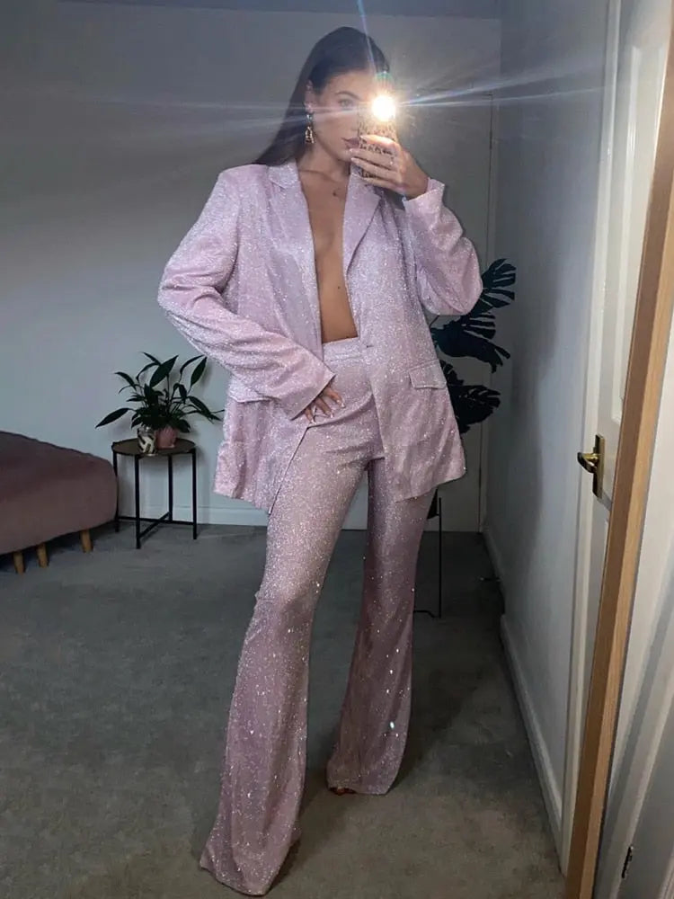 Tossy Glitter Silver Party Two Piece Pants Set Women Club Night Outfits Fashion Sparkly Blazer Matching Sets Femme Tracksuit