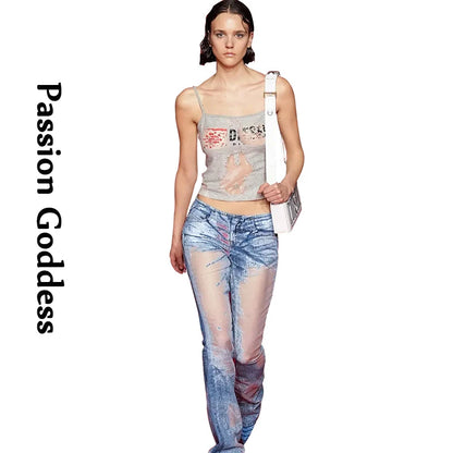 Women Denim Printed Flare Pants