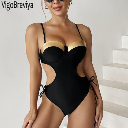 VigoBeviya 2023 Black Strapped Swimwear Women Sexy Hollow Push UP One Piece Swimsuit Monokini Blackless Beach Bathing Suit