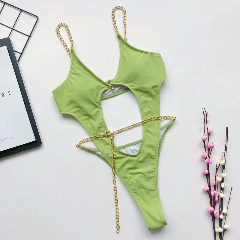 Sexy Metal Chains String High Cut One Piece Swimsuit Women Swimwear Female Monokini Tummy Cut Out Bathing Suit Swim Beach Wear Luxlife Brands