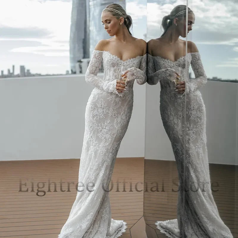 Eightree Elegant Mermaid Wedding Dresses Boho Long Sleeves Lace Bridal Dress White Backless Evening Wedding Gowns Custom Size LUXLIFE BRANDS