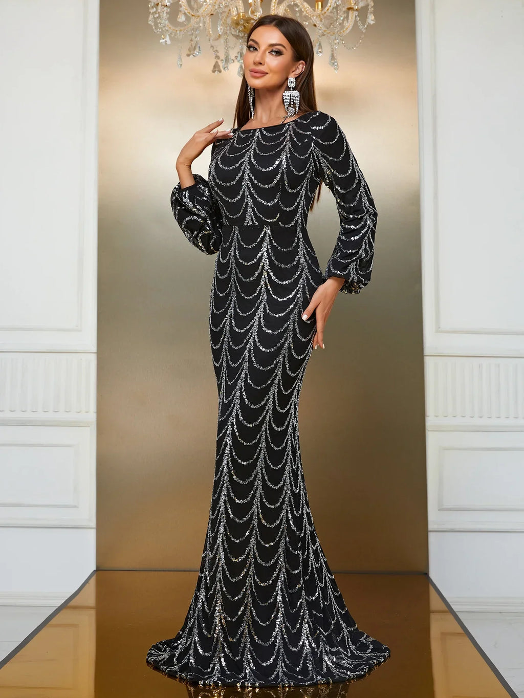 YISOKADO Giffniseti Women's Boat Neck Lantern Sleeve Sequin Formal Dress LUXLIFE BRANDS