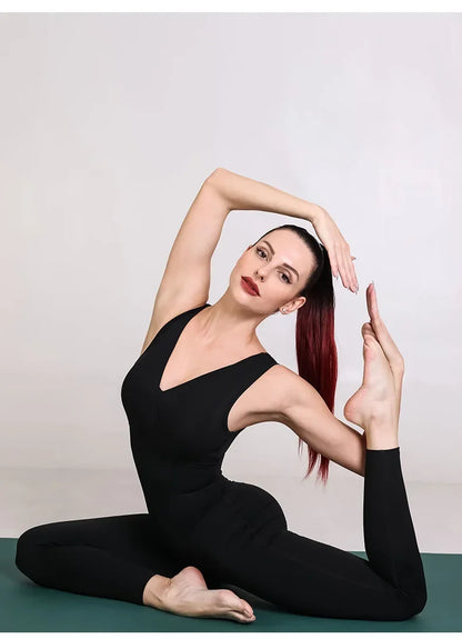 Sleeveless V-neck Sports Tight Jumpsuit Women Fitness Gym Overalls One Piece Set Black White Yoga Dance Jump Suits Streetwear