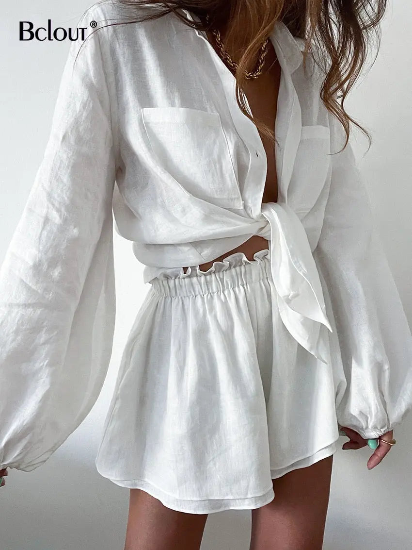 Bclout Summer Linen Ruffle Shorts Sets Women 2 Pieces 2023 Lantern Sleeve White Tops Loose Elastic Waist Shorts Suits Vacation