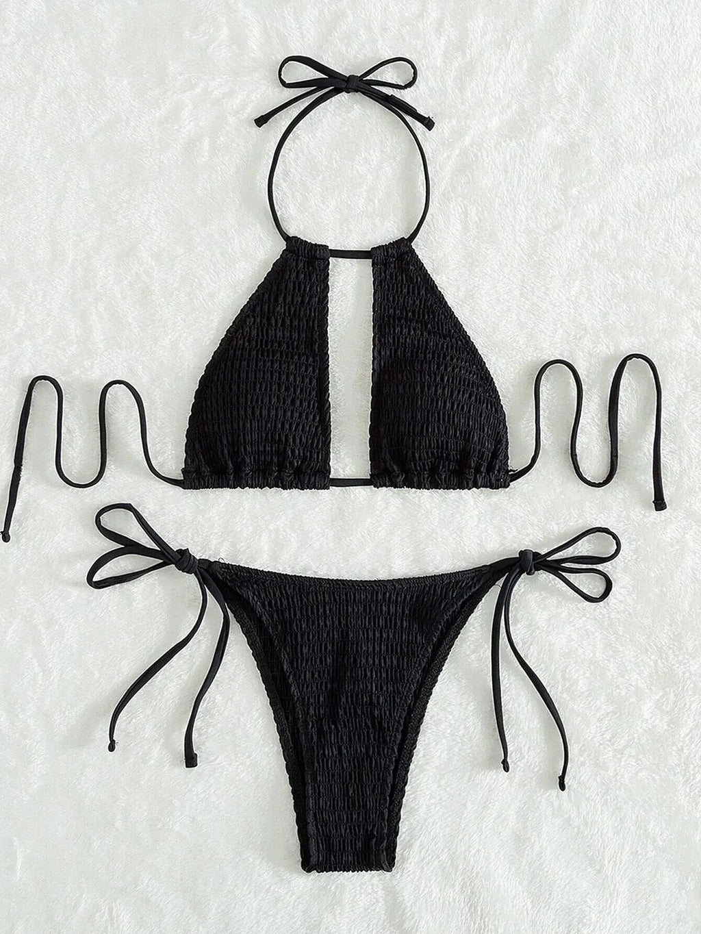 Smocked Halter Tie Side Bikini Swimsuit Women Two Piece Swimwear 2023 Bikini Set Summer Beach Bathing Suit Biquini