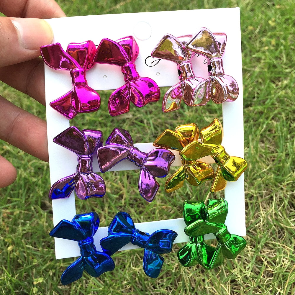 New 6 pair/set Metallic Color Acrylic Y2K Stud Earrings for Women Rock Heart Moon Star Bowknot Square Earring Korea Jewelry Sets