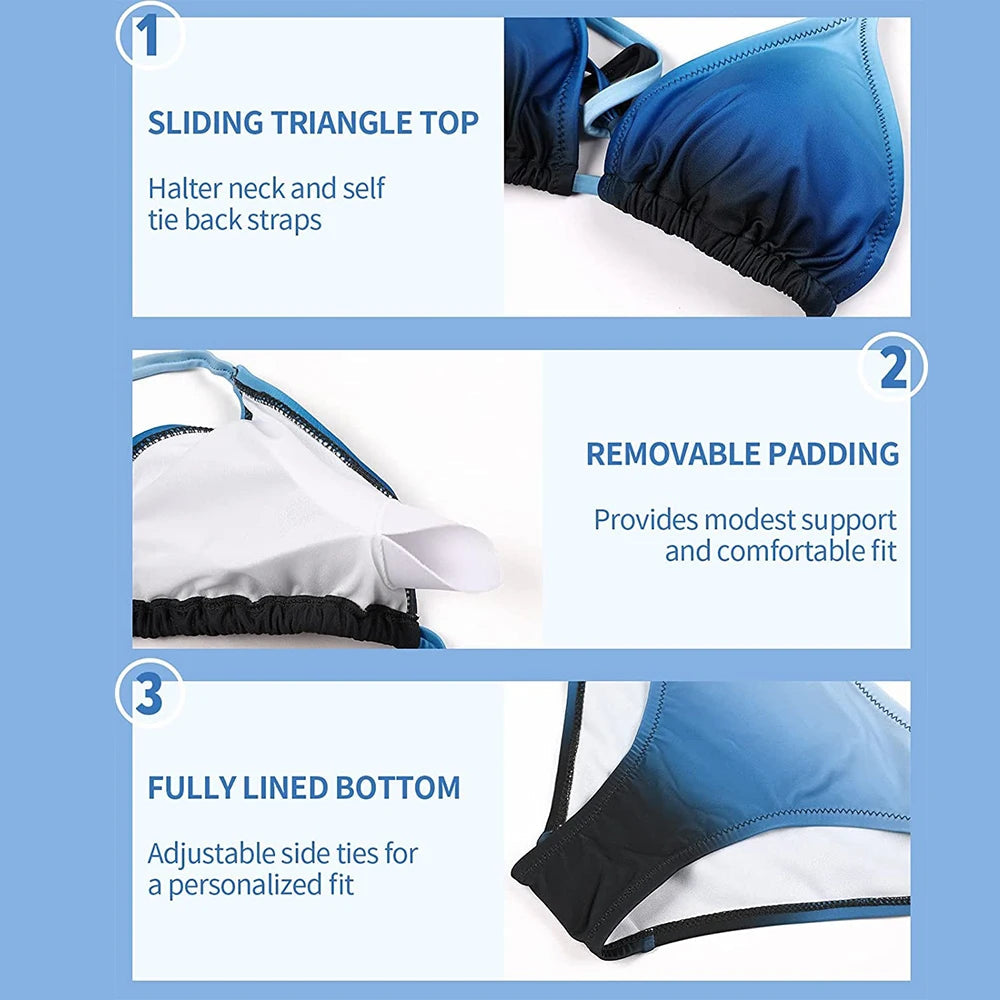 Anfilia Women's Bikini Set Gradient Swimwear Halter Swimsuit Side Bandage Bathing Suit Beachwear Sexy Bikini Luxlife Brands