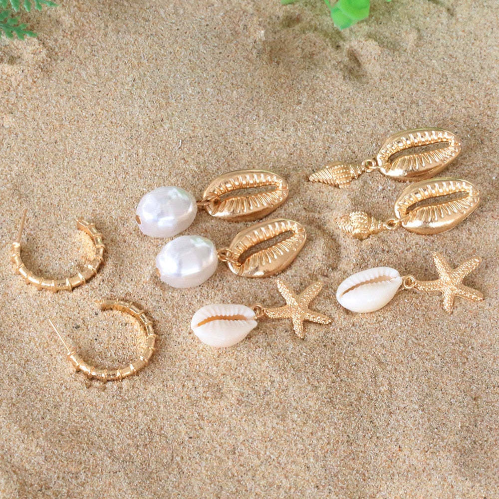 Bohemia Shell Starfish Dangle Earring set For Women Summer Beach Pearl Conch Drop Geometric Earring Girls Fashion Jewelry
