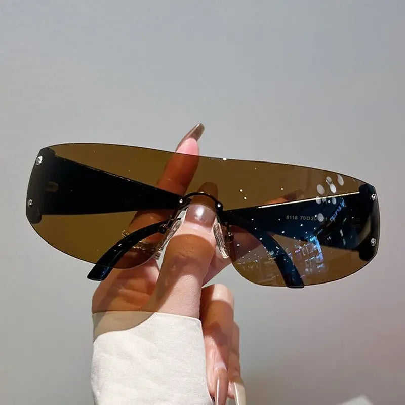 Y2K Rimless Brand Designer Sunglasses Women For Men 2023 One Piece Trending Luxury Sun Glasses Rivet Steampunk Pink Shades UV400