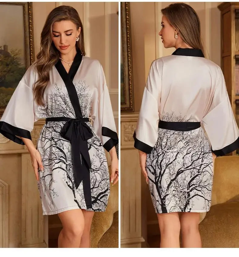 Female Robe Nightgown Summer Satin Sleepwear Loungewear Silky Printing Kimono Bathrobe Gown Yukata Sexy Casual Nightwear