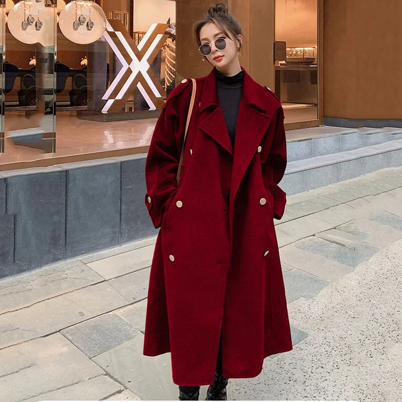 New Fall Winter Elegant Wool Jacket Women Loose Chic Wine Red Woolen Coats Double-Breasted Cashmere Woolen Long Overcoat Female LUXLIFE BRANDS